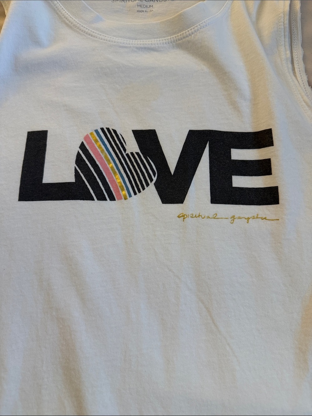 Spiritual Gangster White LOVE Graphic Muscle Tee with Rainbow Heart Detail - Picture 3 of 4